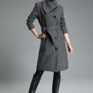 Gray Long Wool Trench Coat Tie Belt Lapel Winter Warm Thick Woolen ...