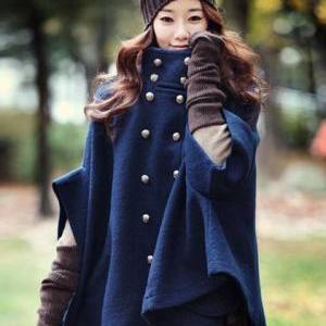 Wool Double-breasted Cloak Cape Coat In Navy Blue