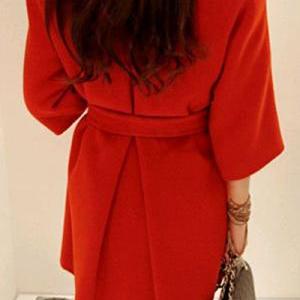 Deep Red Winter Coat With Belt