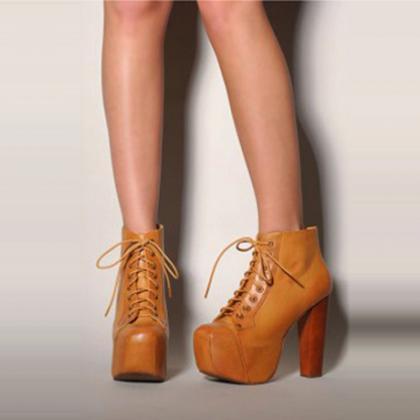 Chic Lace Up Brown Chunky Heel Short Boots