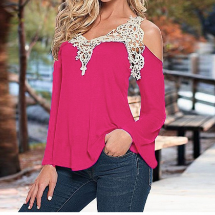 Lace Stitching Sexy V-neck Long-sleeve Dew..