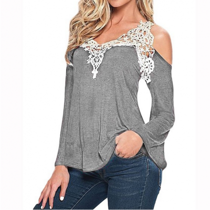 Lace Stitching Sexy V-neck Long-sleeve Dew..