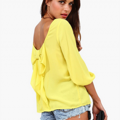 Europe And The Female Shirt Chiffon Loose Backless Chiffon Blouse-Yellow