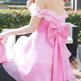 Pink Falbala Bowknot Sexy Open Back Strapless Mini Dress 