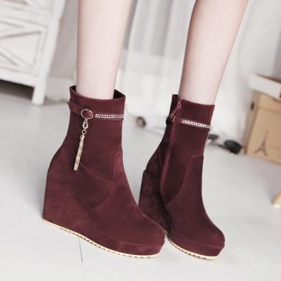 Women's Pure Color High Heel Suede With Side Zippers Fake Diamond Chain Tasssel Boots