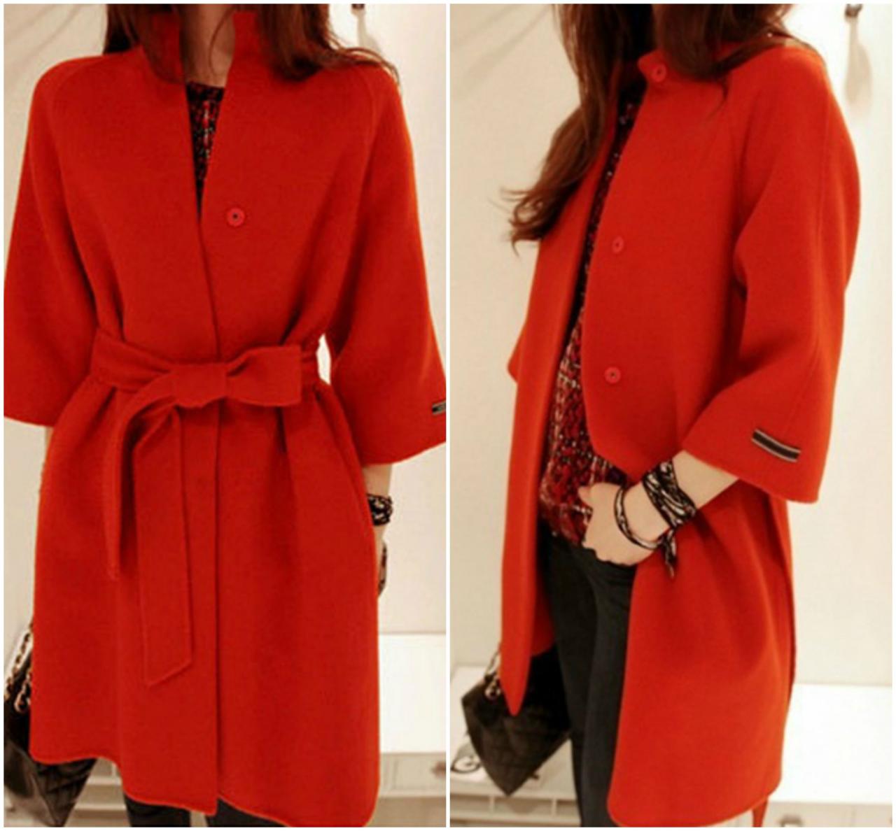 Deep Red Winter Coat With Belt