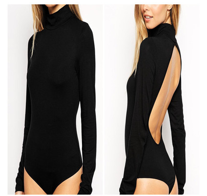 Black Long Sleeve Turtleneck Bodysuit Featuring Sexy Open Back 