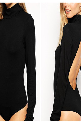 Black Long Sleeve Turtleneck Bodysuit Featuring Sexy Open Back