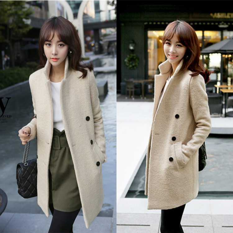 Beige Cashmere Pea Coat Double Breasted Winter Wool Coats Overcoat Tops ...